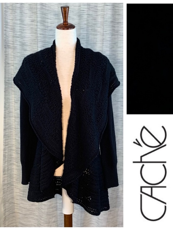 Cache Sweaters - Cache black knit and crocheted cardigan with shawl.